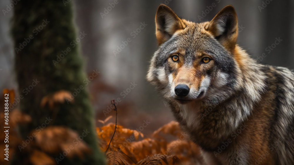 Obraz premium Timber Wolf in the Forest. AI Generated