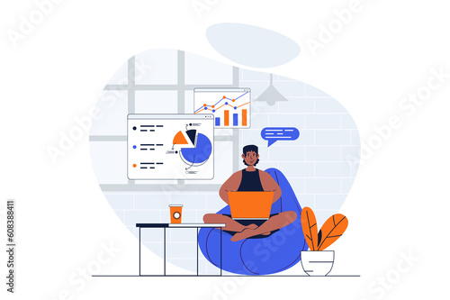Freelance working web concept with character scene. Man making data report while sitting in chair at home. People situation in flat design. Illustration for social media marketing material.