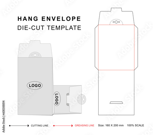 Retail envelope die cut template with two 3D blank vector mockup