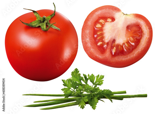 Tomate inteiro, tomate cortado, salsa e cebolinha isolado em fundo transparente - tomate e ervas finas photo