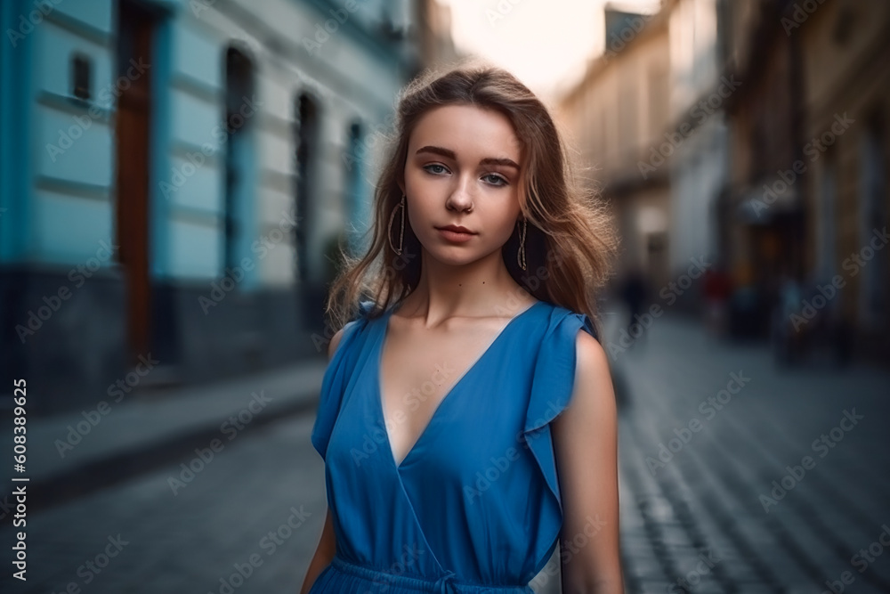 young beautiful caucasian woman in blue dress walking in city center. AI Generated young beautiful caucasian woman in blue dress walking in city center. AI Generated
