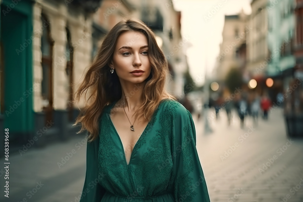 young beautiful caucasian woman in green dress walking in city center. AI Generated young beautiful caucasian woman in green dress walking in city center. AI Generated
