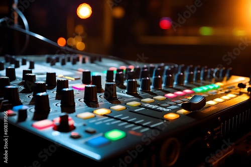 Club Vibes: Close-Up of a DJ Mixer Amidst Glowing Bokeh Lights. AI Generated.