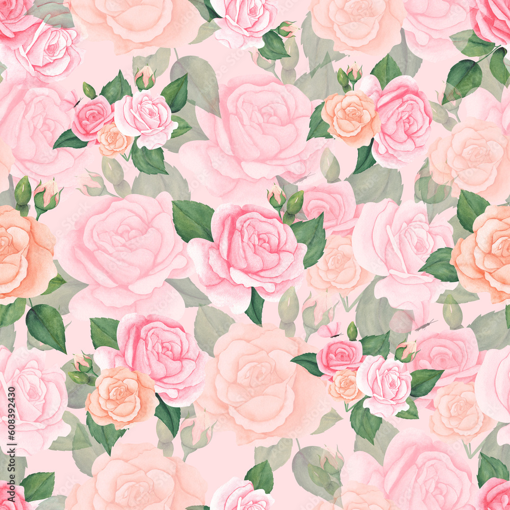 watercolor seamless pattern with pink peach pastel roses and leaves. Floral illustration for wrapping paper, textile, print, fabric