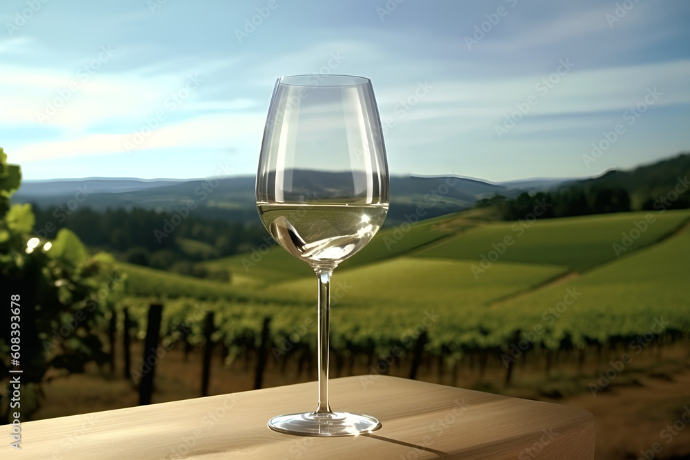 Obraz premium White wine glass on wooden table view of winery