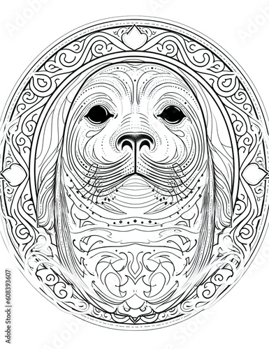 sea lion, seal head, black white illustration, outline for coloring book page, generative AI coloring card