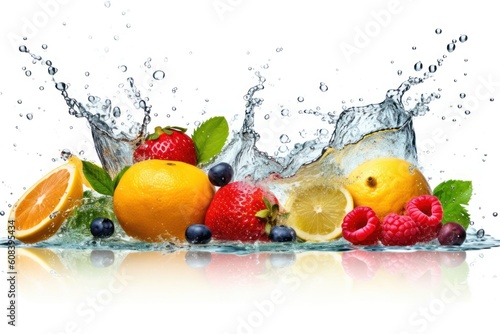 stock photo of water splash with various fruits fall isolated Food Photography