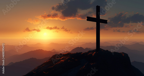 Cross on the top of the mountain in sunlight created with Generative AI technology.