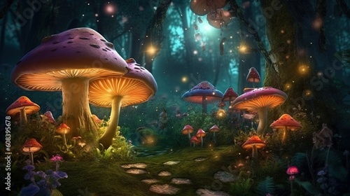 Fantasy forest with colorful mushrooms created with Generative AI technology. © aigarsr