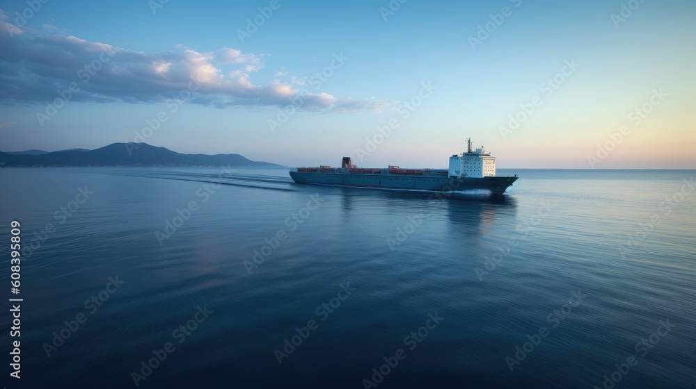 View of a big container cargo ship travelling over the calm ocean with copy space.