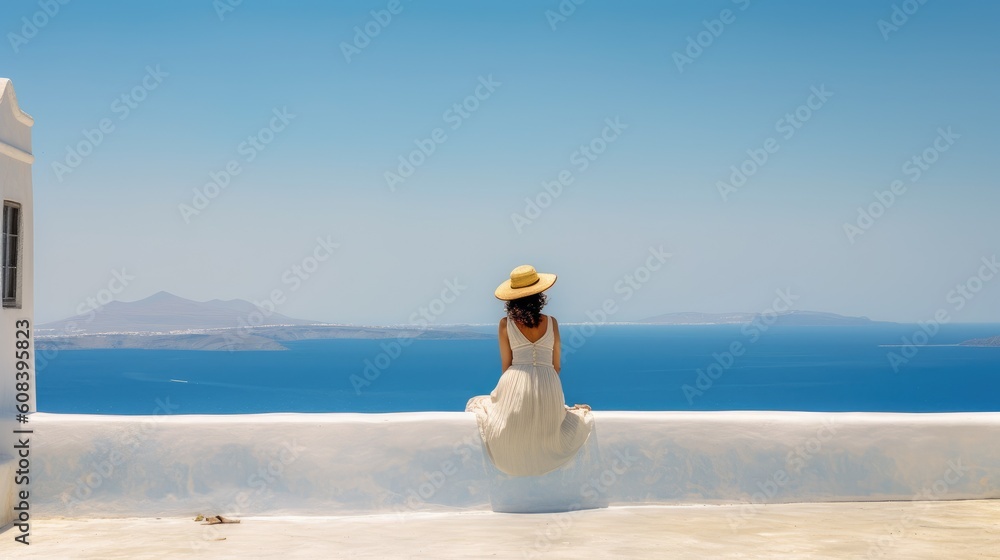Beautiful young woman sitting on wall looking at stunning view of Mediterranean sea and Santorini village, Greece, Europe. Lifestyle woman with straw hat wearing green dress enjoy landscape view. - obrazy, fototapety, plakaty 