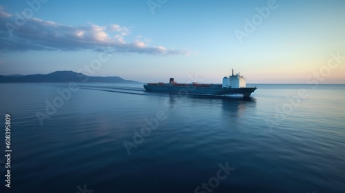 View of a big container cargo ship travelling over the calm ocean with copy space. © radekcho