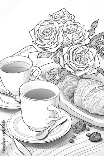 Les délices parisiens en noir et blanc : Illustrations de café, croissant et ambiance de la ville lumière - Coloring Book photo