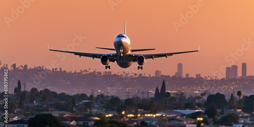 Commercial, passenger airplane take off over the panorama city at twilight scene. Travel concept.