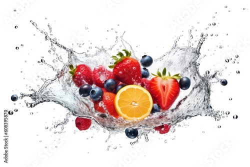 stock photo of water splash with various fruits fall isolated Food Photography