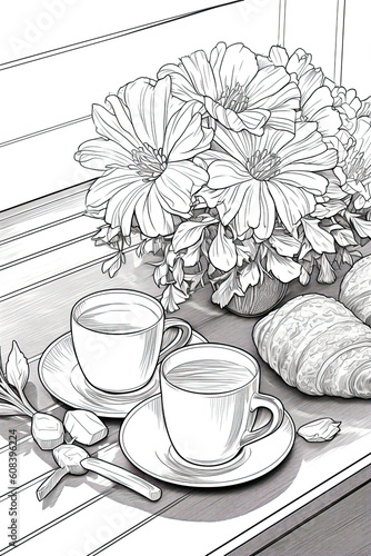 Les délices parisiens en noir et blanc : Illustrations de café, croissant et ambiance de la ville lumière - Coloring Book photo