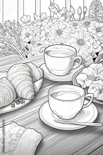 Les délices parisiens en noir et blanc : Illustrations de café, croissant et ambiance de la ville lumière - Coloring Book photo