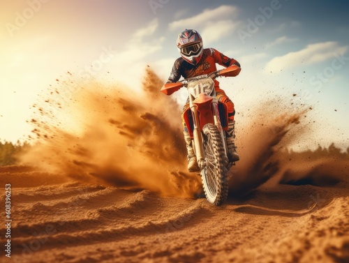 Dirt enduro bike rider doing a big jump. Supercross, motocross, high speed. Sport concept. © radekcho