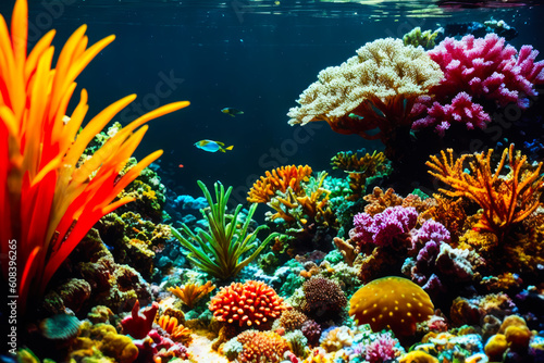 Underwater view of colourful tropical fishes, shells in the aquarium with plants and stones. Wildlife concept of ecological environment. Generative AI