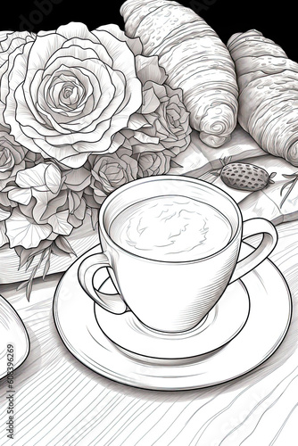 Les délices parisiens en noir et blanc : Illustrations de café, croissant et ambiance de la ville lumière - Coloring Book photo