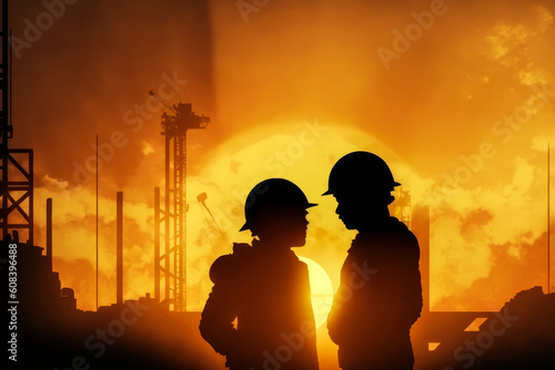 Captivating silhouette of two construction workers with helmets atop a building, set against an emotionally stirring warm sunset sky. Perfect for marketing! Generative AI