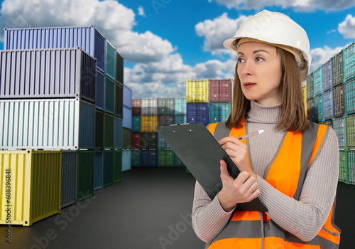 Woman in container warehous...