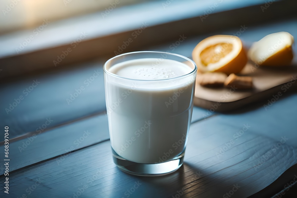A glass of white diary milk at the table in a good product presentation blurry or bokeh background. Generative AI technology. A glass of white diary milk at the table in a good product presentation blurry or bokeh background. Generative AI technology.
