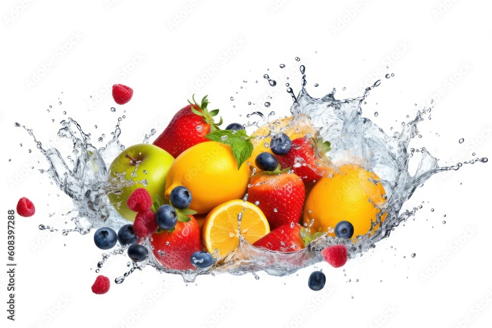 stock photo of water splash with various fruits fall isolated Food Photography stock photo of water splash with various fruits fall isolated Food Photography