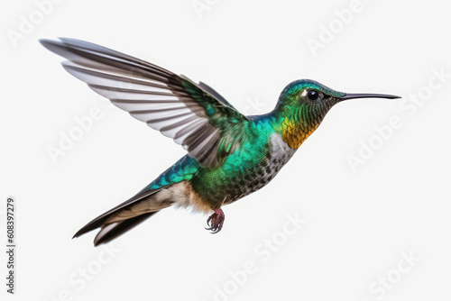 Hummingbird in flight isolated on white background