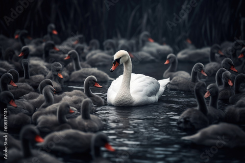 White swan on the lake surrounded by black ducklings