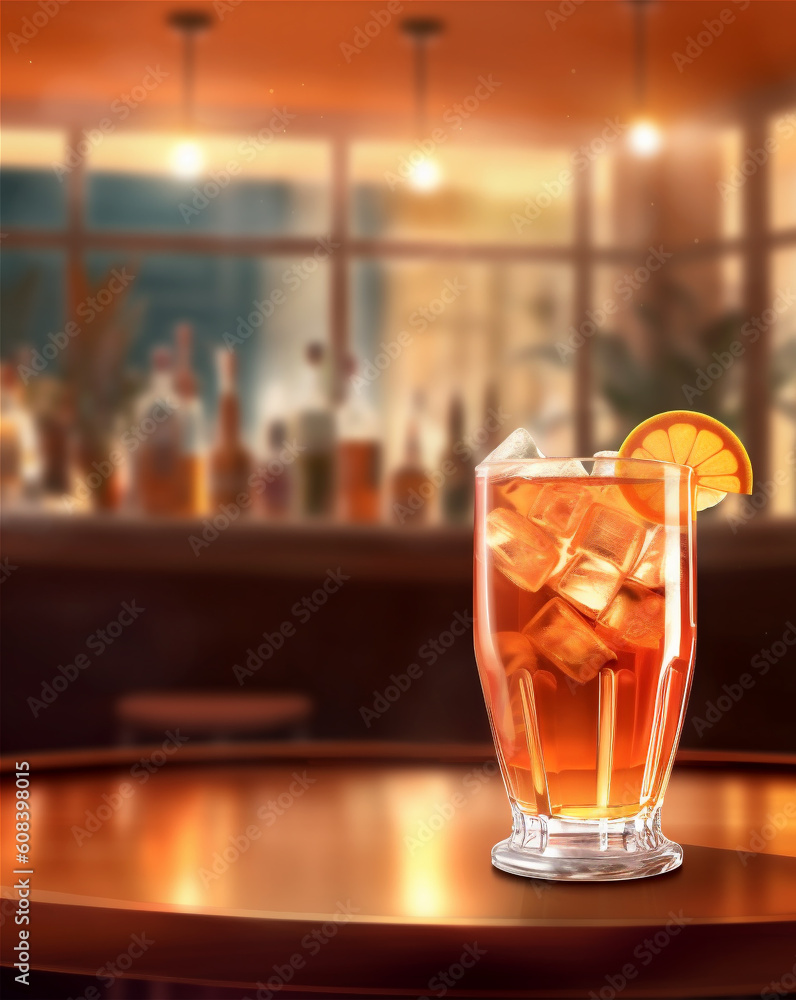 illustration of a aperol drink with ice and orange slice on a table in a bar, ai generated illustration of a aperol drink with ice and orange slice on a table in a bar, ai generated
