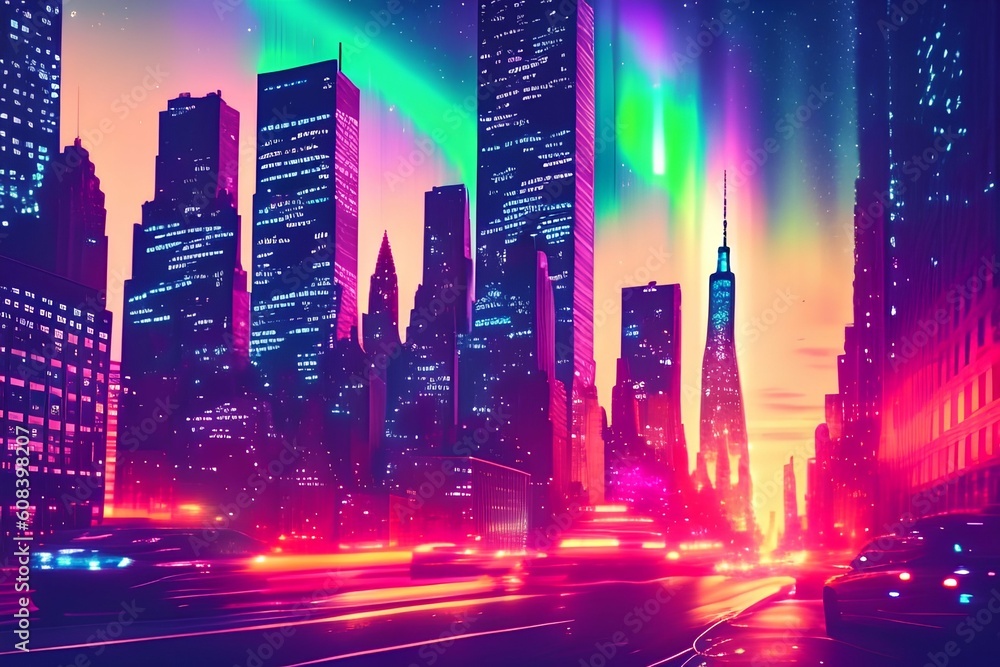 Aurora Lights decorate the streets of the mega city - generative ai