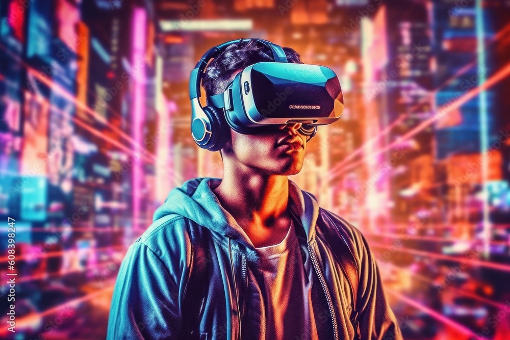 Digital cyber world. Metaverse technology, man with virtual reality VR goggle. futuristic metaverse. Generative AI Digital cyber world. Metaverse technology, man with virtual reality VR goggle. futuristic metaverse. Generative AI