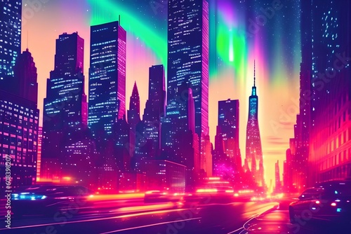 Aurora Lights decorate the streets of the mega city - generative ai © unalcreative