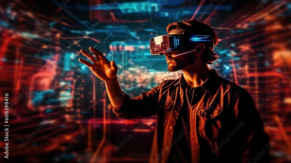 Digital cyber world. Metaverse technology, man with virtual reality VR goggle. futuristic metaverse. Generative AI Digital cyber world. Metaverse technology, man with virtual reality VR goggle. futuristic metaverse. Generative AI
