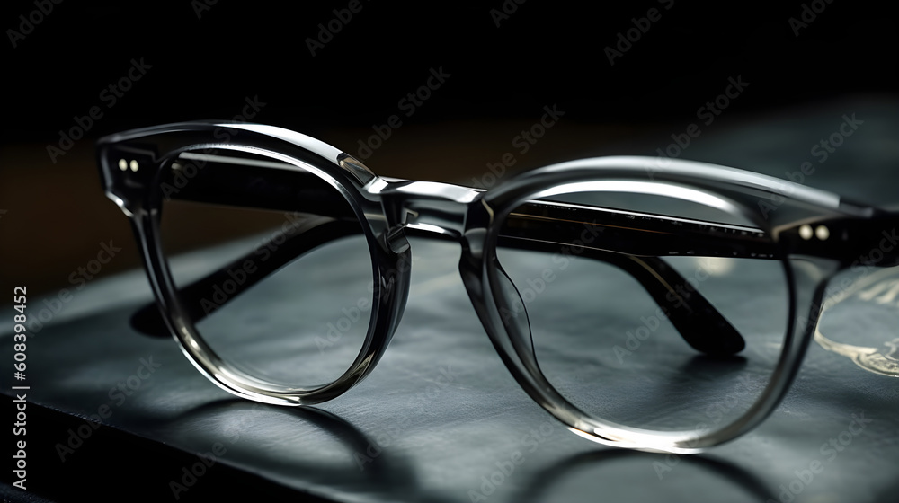 Fancy fashionable elegant reading glasses studio shot dark background. Generative AI technology. Fancy fashionable elegant reading glasses studio shot dark background. Generative AI technology.