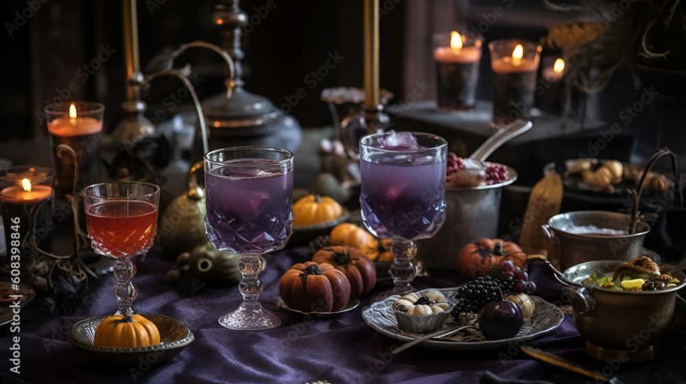 Obraz premium Halloween decorated table with cocktails in purple colors