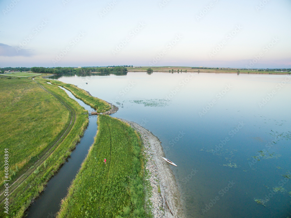 lake (Lonetree Reservoir) and irrigation ditch in northern Colorado near Loveland - aerial view