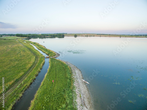 lake  Lonetree Reservoir  and irrigation ditch in northern Colorado near Loveland - aerial view