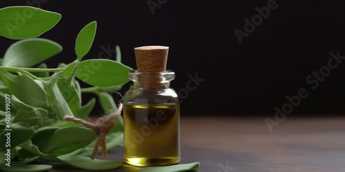 Herb essential oil aroma bootle and leaf. AI