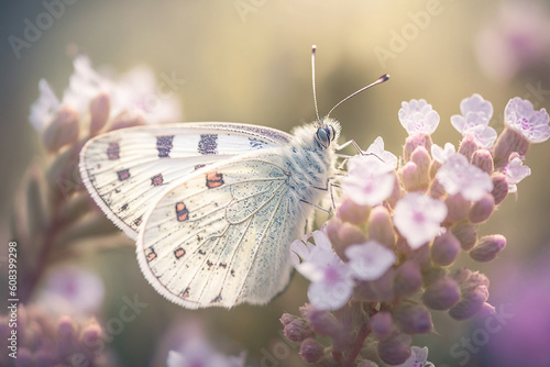 Schöner weißer Schmetterling auf einer Blumenblüte im Frühling Sommer, ai generativ
