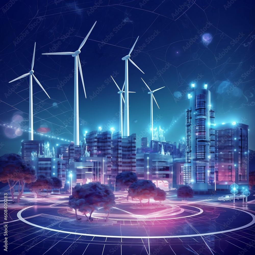 Discover the power of renewable energy with solar cell plants, wind generators, and smart grid connectivity. Explore efficient energy distribution and high-voltage transmission in an urban setting.
