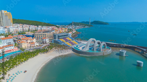 Aerial view of sunset ghost town in Phu Quoc island, Vietnam. Fast being developed European city copy. Amazing future resort, Kien Giang province photo