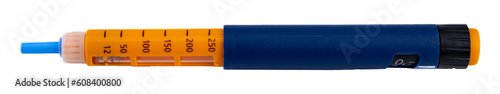 Photography injector pen, insulin syringe pen, close up, on white background, isolated