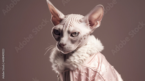 a bald cat dressed in fashionable attire. Generated AI