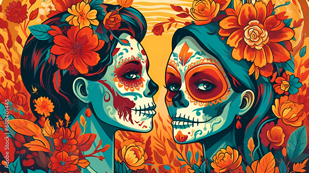 Spirits of Dia de los Muertos with marigold flowers. Generated AI Generative AI Spirits of Dia de los Muertos with marigold flowers. Generated AI Generative AI