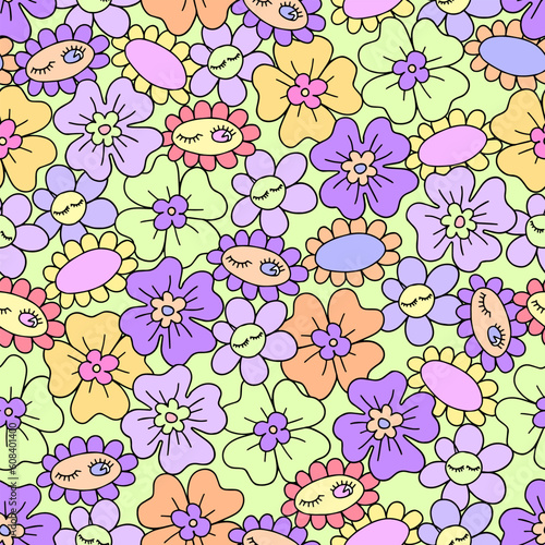 Retro floral seamless pattern with Groovy Daisy flowers. Vector illustration. Abstract modern art for wallpaper, design, textile, packaging, decor.