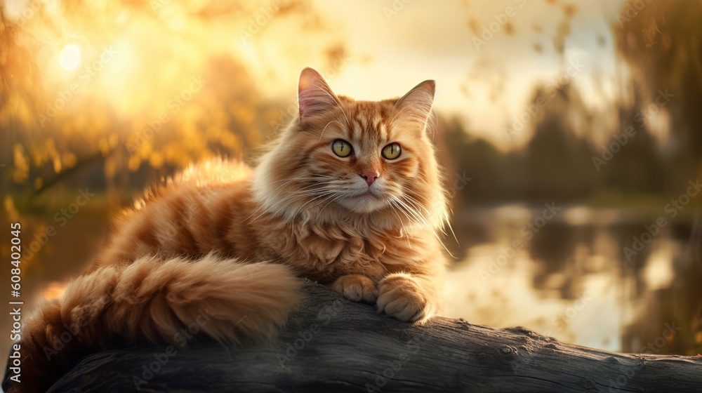 Fluffy cat in the garden by the water Generative AI Fluffy cat in the garden by the water Generative AI