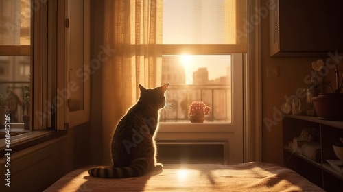 The cat basks in the rays of the sun entering the apartment through the window Generative AI