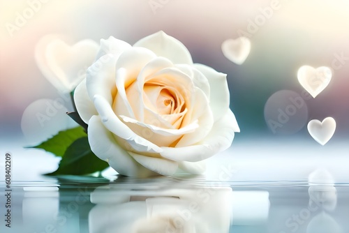 A white rose flower with soft white background  some love element effect with copy space for text  good for product presentation   commercial or romantic greeting or banner. Generative AI technology.